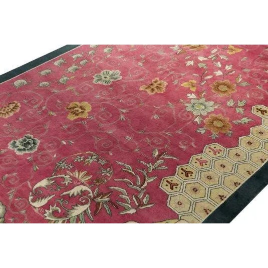 Art Deco Rug & Kilim Chinese Style Art Deco Rug in Pink with Blue Border, Gold Florals - 9'x12' For Sale - Image 3 of 6