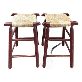 Mid Century Rush Seat Wood Bar Stools, Counter Stools For Sale