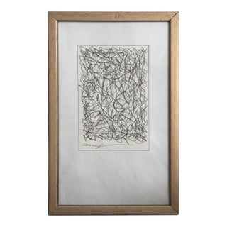 Original Abstract Scribble Drawing on Paper, Signed, Mid-Century Style Framed Art For Sale
