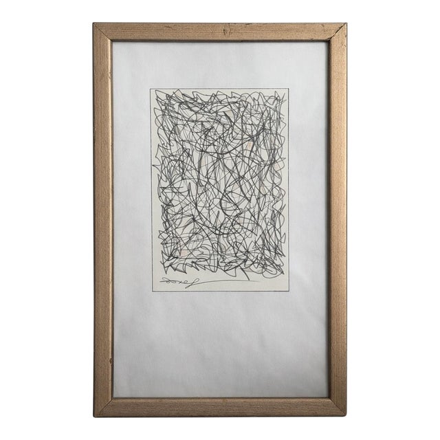Original Abstract Scribble Drawing on Paper, Signed, Mid-Century Style Framed Art For Sale