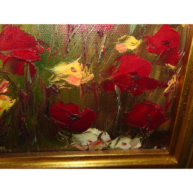 Vintage Oil on Canvas Red Field of Flowers Painting Picture in Gold Frame For Sale - Image 10 of 16