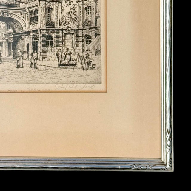 Wood 1930s French Cityscape Etching “Gros Horloge” in Rouen, Signed W/ Art Deco Frame For Sale - Image 7 of 9