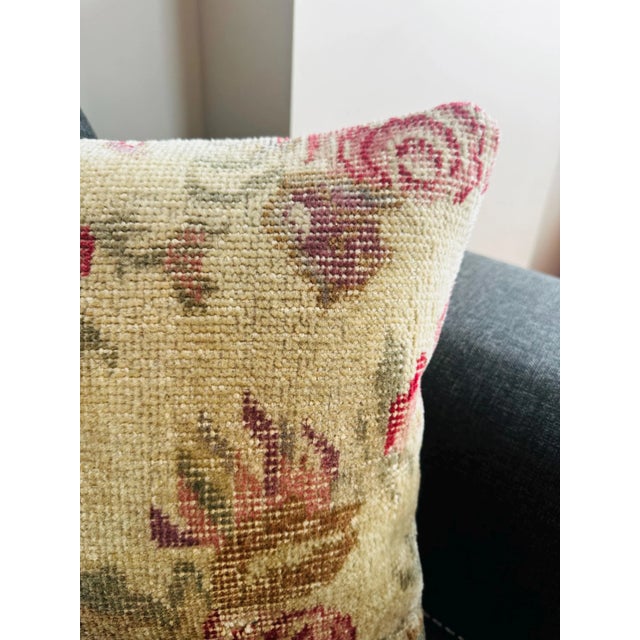 Vintage Turkish Rug Pillow Cover, Handwoven Wool Isparta Floral Cushion, One of a Kind Boho Pillow, 16x16 In For Sale - Image 4 of 11