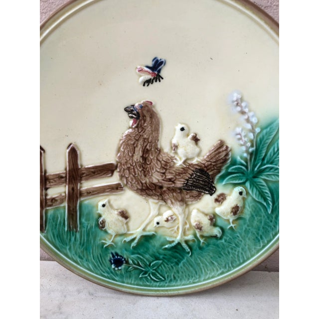 German Majolica Hen & Chicks Wall Plate Circa 1900.