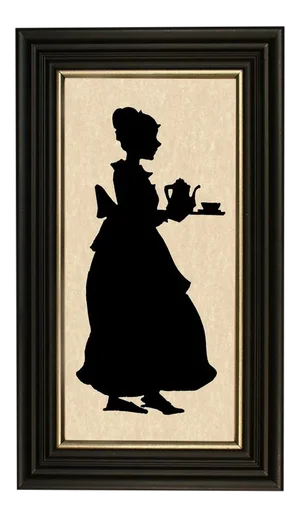 "Colonial Woman Serving Tea" Contemporary Paper Cut Silhouette, Framed