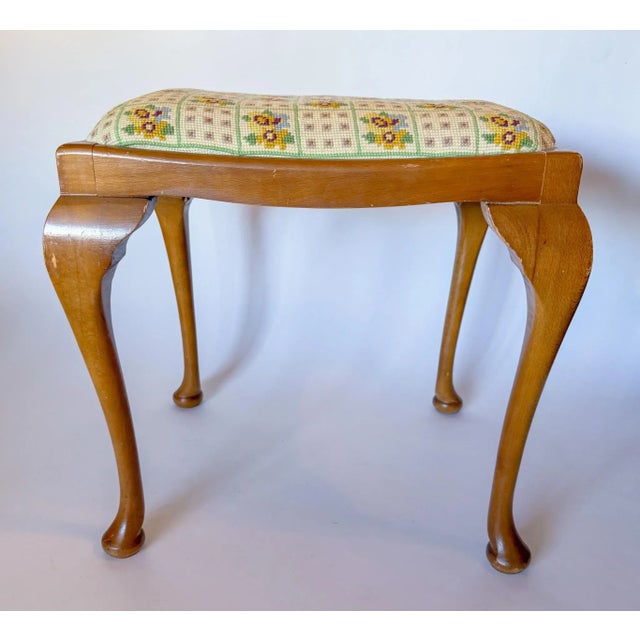 Queen Anne Vintage Queen Anne Style Embroidered Needlepoint Stool With Cabriole Legs For Sale - Image 3 of 14