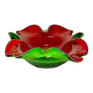 1950s Murano Art Christmas Glass Bowl in Red and Green For Sale