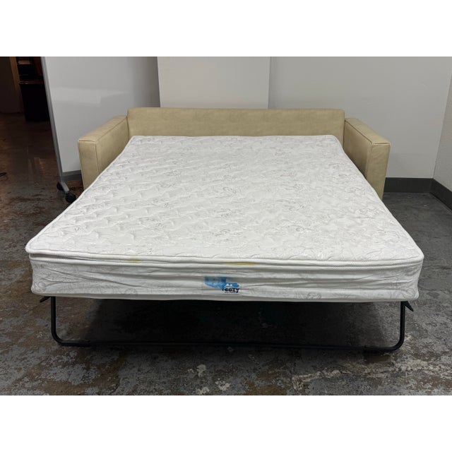 Cream Queen Size Mid-Century Modern Vegan Leather Tufted Sleeper Sofa For Sale - Image 8 of 12