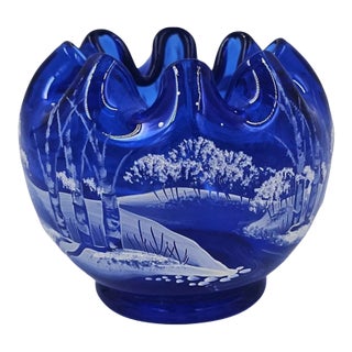 Vintage Fenton Art GLASS-Winter Scene-Cobalt Ruffled Rose Bowl For Sale