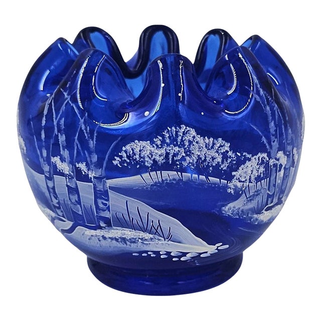 Vintage Fenton Art GLASS-Winter Scene-Cobalt Ruffled Rose Bowl For Sale