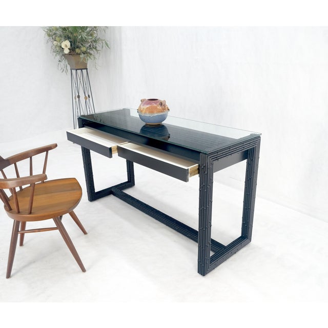 1970s Ebonized Faux Bamboo Reed Two Door Glass Top Console Sofa Table For Sale - Image 5 of 12