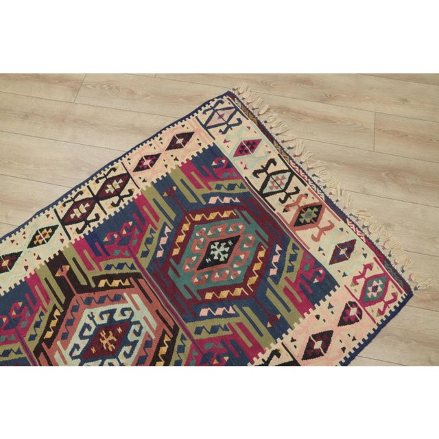 Blue 1960s Tribal Rainbow Geometric Hand Knotted Luxury Rug For Sale - Image 8 of 13