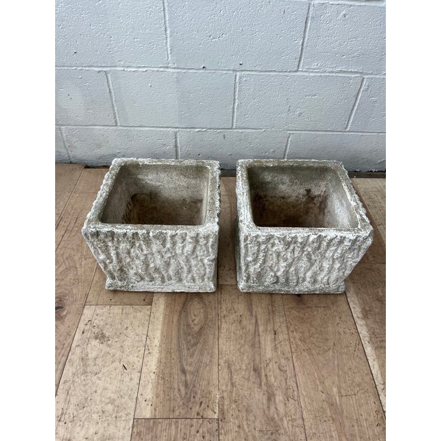 Pair of Faux Bois Concrete Planters | Vintage Rustic Modern Garden Cachepots For Sale - Image 4 of 8