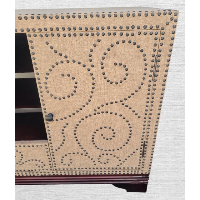 Vintage Textured Tan Linen Covered Studded British Baker Style Colonial Storage Tv Stand Cabinet For Sale In West Palm - Image 6 of 13