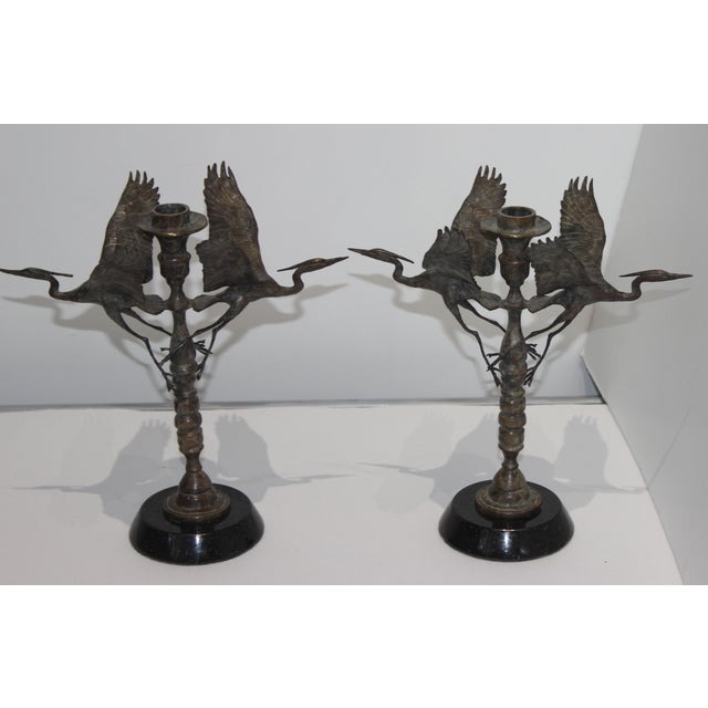 Metal Bronze Crane Candlesticks - a Pair For Sale - Image 7 of 13