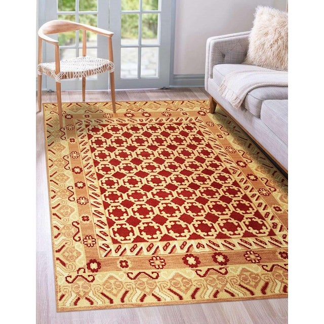 Wine 10x14 Coral Hand-Knotted Wool Linked Rosettes Geometric Modern Carpet Rug For Sale - Image 8 of 8