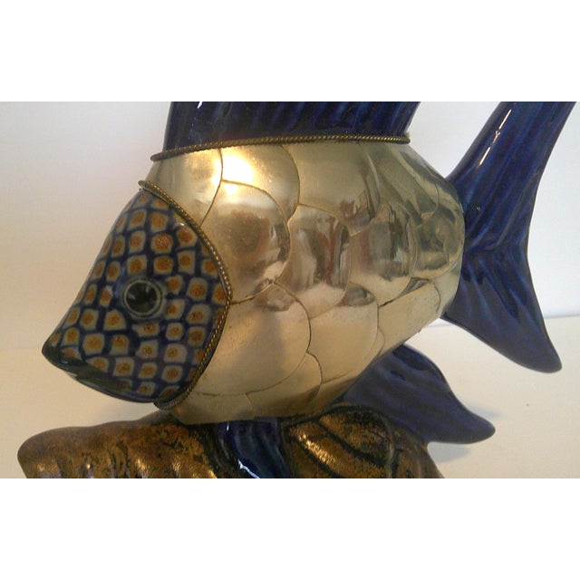 Ceramic Integrated/Ceramic Pottery Fish Sculpture Brass Scale Armor Attributed to Sergio Bustamante For Sale - Image 7 of 10