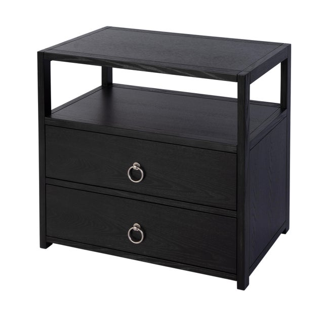 Modern Lark 28 in. W Rectangular Wood 2 Drawer Wide Nightstand with Open Shelf, Washed Black For Sale - Image 3 of 11
