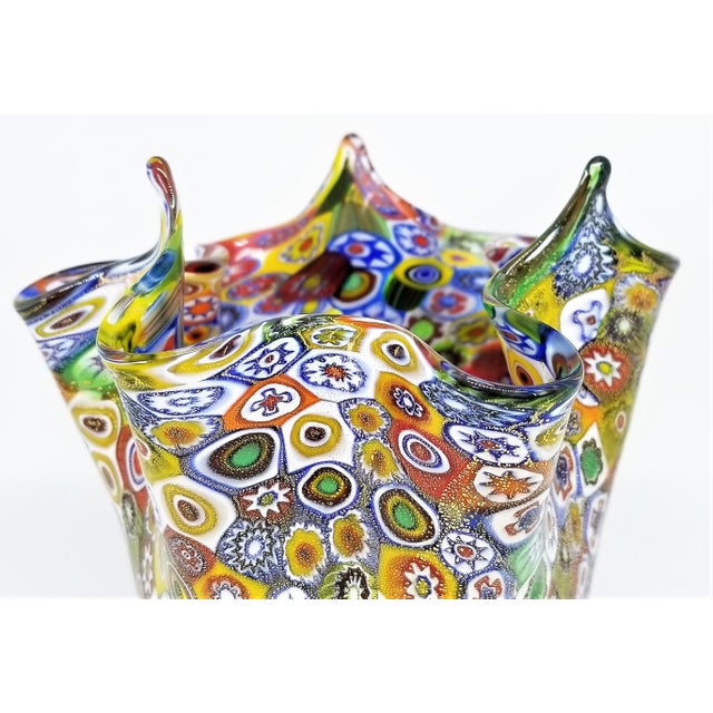 1980s Vintage Murano Glass Hankerchief Vase - Millifiori and Gold by Campanella- Signed - Italy Italian Palm Beach Boho Chic Mid Century Modern For Sale - Image 5 of 13