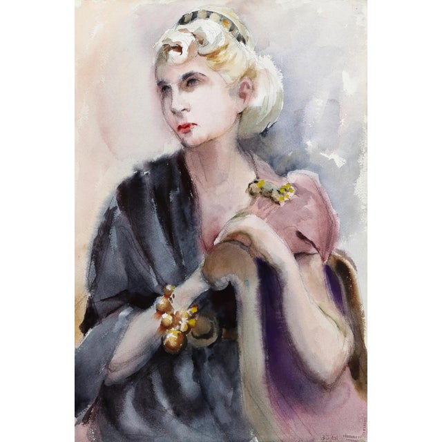 Figurative 1960s "Portrait of a Blonde Woman P1.4" Watercolor Painting by Eve Nethercott For Sale - Image 3 of 3