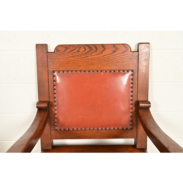 Harden Furniture Style Antique Arts & Crafts Carved Oak Library Chairs, Pair For Sale In South Bend - Image 6 of 12