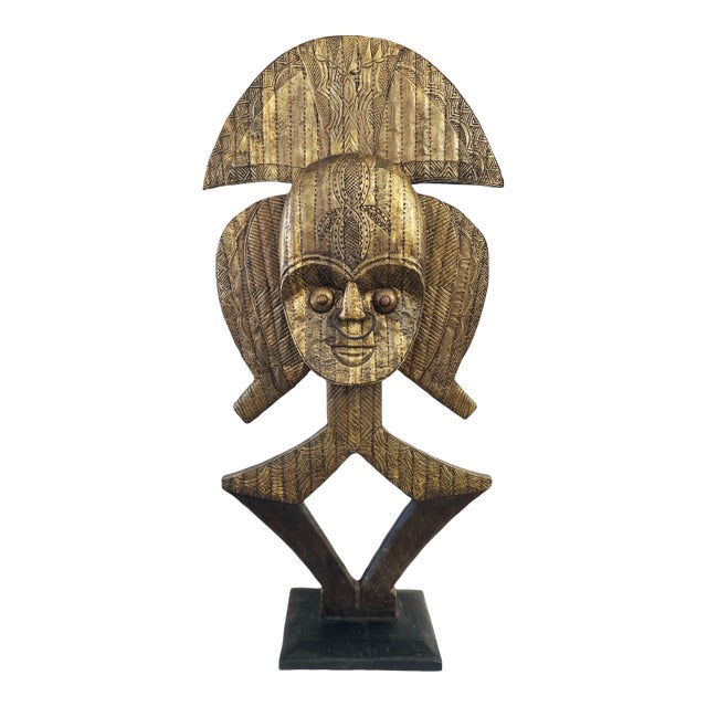 Large Vintage Bakota Brass and Wood Sculpture W/Stand 44.5" H Gabon For Sale