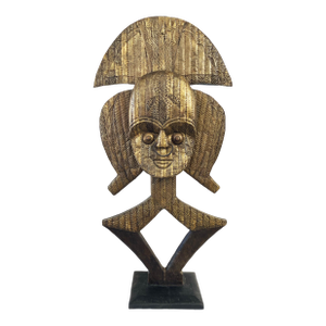 Large Vintage Bakota Brass and Wood Sculpture W/Stand 44.5" H Gabon