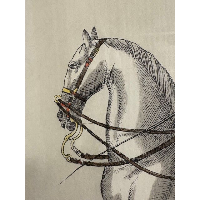 This is a mid-century vintage equestrian print. This hand colored Italian print has beautiful tones of green cream and...