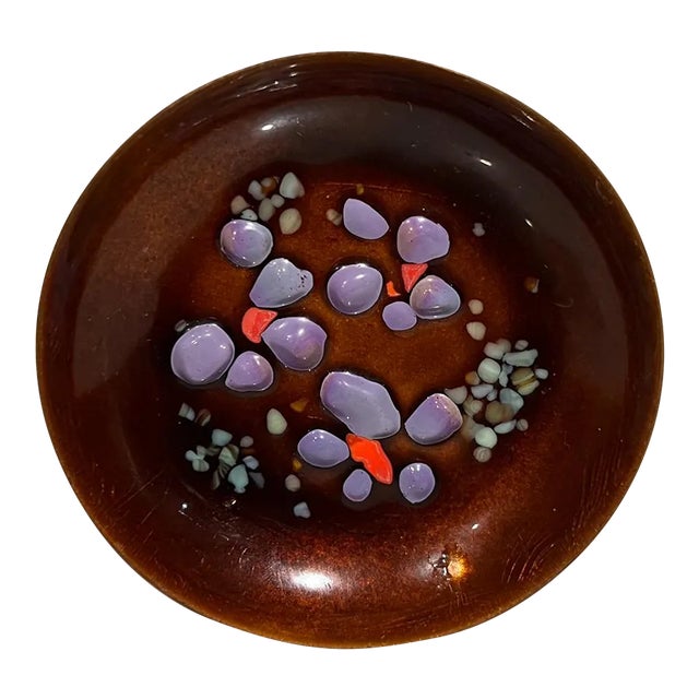 1960s Speckled Lavender Pink Enamel Dish Midcentury Modern Copper Art For Sale
