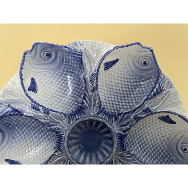 Mid-Century Modern Vintage Bordallo Pinheiro Blue White Fish Scales Majolica Oyster Plate For Sale - Image 3 of 5
