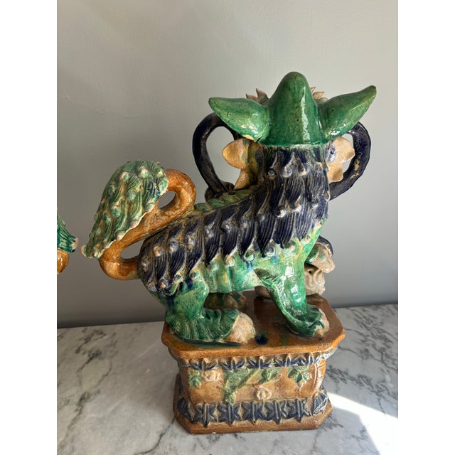 Ceramic Pair of Early 20th Century Sancai Chinoiserie Glazed Terra Cotta Foo Dogs For Sale - Image 7 of 10