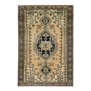 Beige Vintage Handmade Wool Rug With Tribal Design