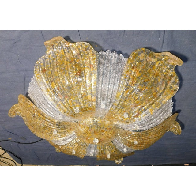 Vintage golden colored Italian Murano glass flush mount with clear and amber graniglia leaves / Made in Italy in the style...