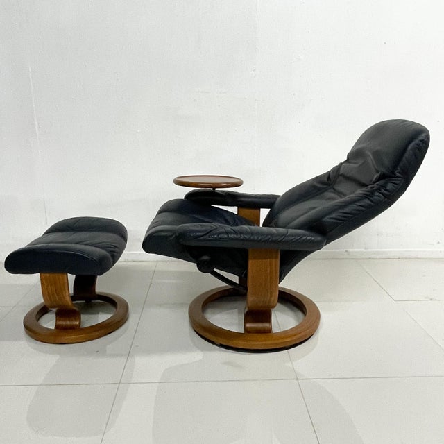 Pair of Ekornes Stressless Chairs + Ottomans in Navy Leather Scandinavian Norway Chairish