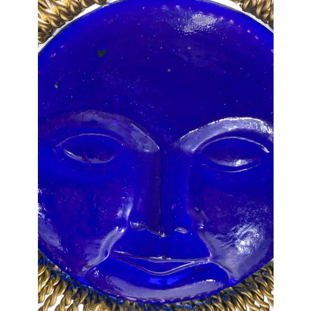Mid Century Cobalt Blue Glass and Gilt Metal Solar Wall Plaque For Sale - Image 4 of 6