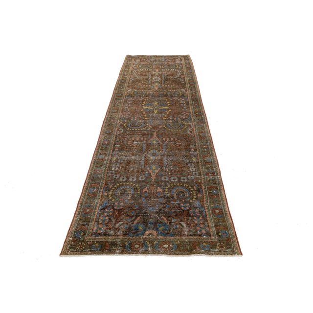 Tribal Antique Mahal Runner Rug – Distressed Terracotta & Muted Blue Wool For Sale - Image 3 of 9