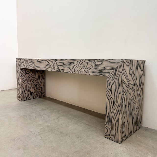 Charcoal Vintage 1980s Postmodern Memphis Charcoal Burl Wood Console Table For Sale - Image 8 of 11