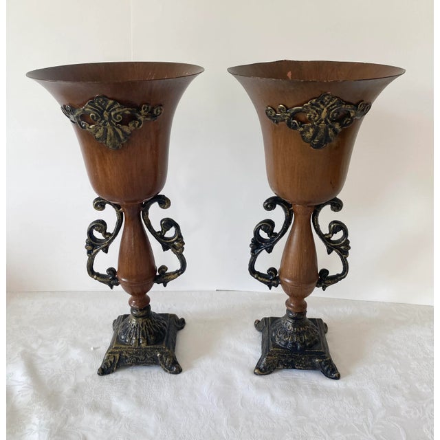 Cinnamon Vintage Neoclassical Borghese Style Metal Vases Pair For Sale - Image 8 of 10