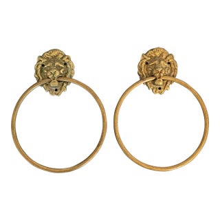 Pair of 1940s Solid Brass Lion Head Towel Rings Antique Thick Brass For Sale
