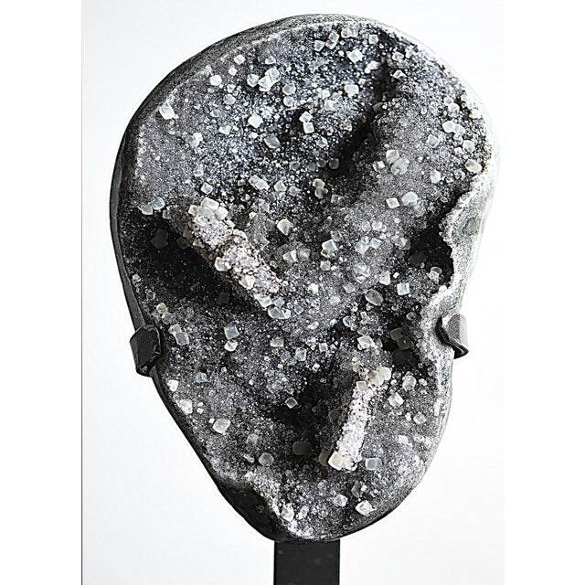 Brutalist Green Amethyst With Calcite Geode Natural Specimen on Stand For Sale - Image 3 of 6
