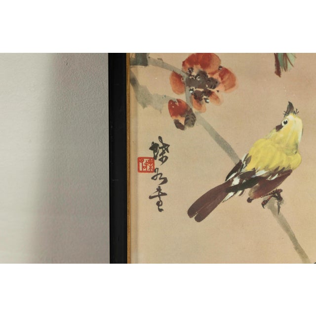 Japanese Framed Japanese Watercolor Painting of Bird on Flowering Branch For Sale - Image 3 of 12