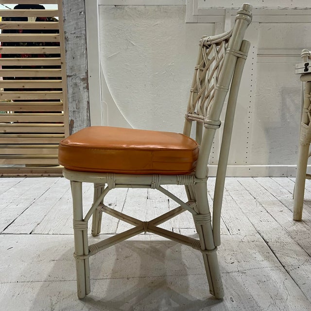 White 1980s White Rattan Bamboo Table and Chair Set with Flip Top to Expand From Game Size to Dining Table - Set of 5 For Sale - Image 8 of 13