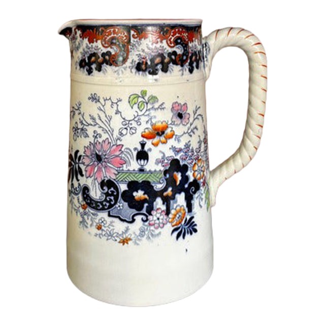 1900s Ridgway English Transferware Large Pitcher Jug Imari Blue White Corey Hill For Sale