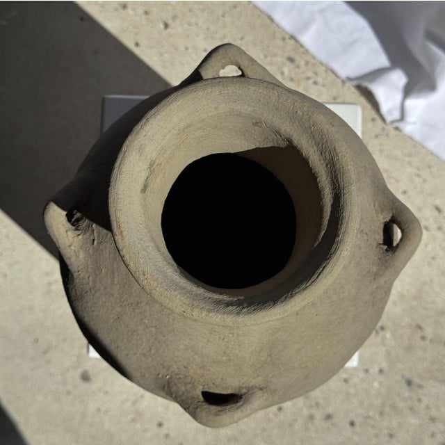 Indonesian Light Grey-Beige Terracotta Vase with 4 Small Handles and a Tall Neck For Sale - Image 15 of 18