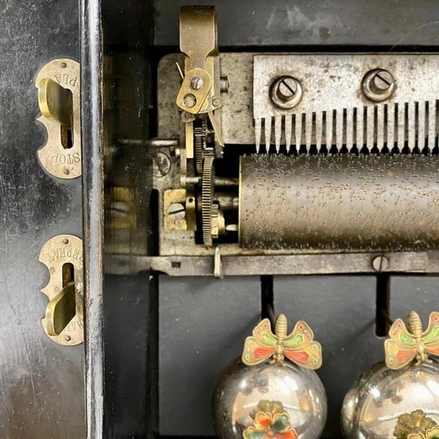 19th Century Swiss Cylinder Music Box with Three Bells in Walnut Case For Sale - Image 9 of 11