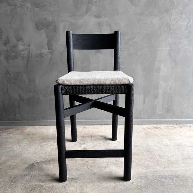 Ebonized White Oak Counter Stool With Woven Seat and Linen Cushion For Sale In Los Angeles - Image 6 of 10