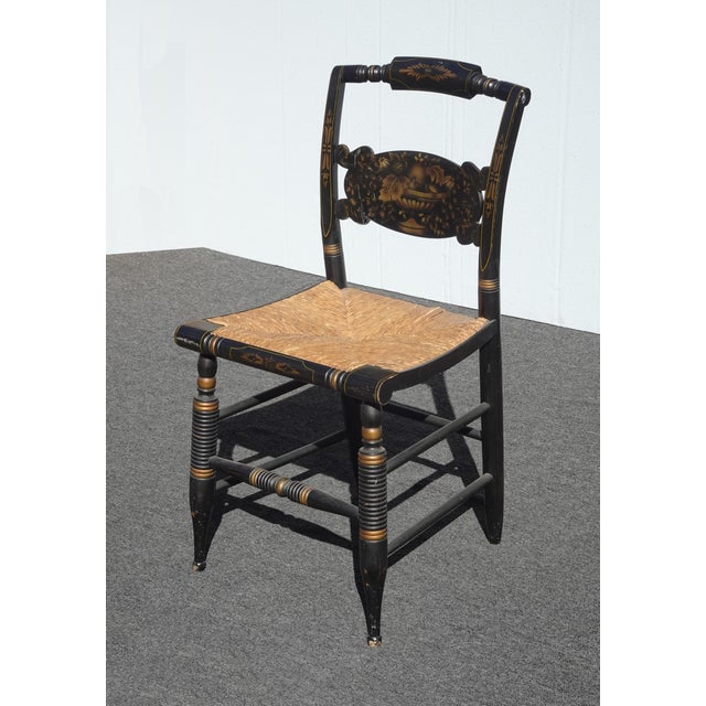 Vintage L. Hitchcock French Country Black Turtle Back Rush Seat Chair Stenciled For Sale - Image 4 of 17