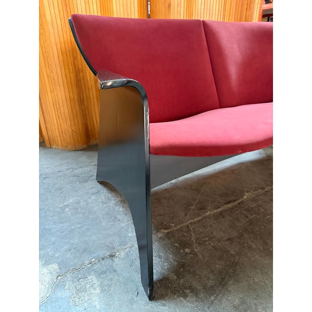 Black Plywood Sofa with Burgundy Velvet Upholstery, 1980s For Sale - Image 4 of 8
