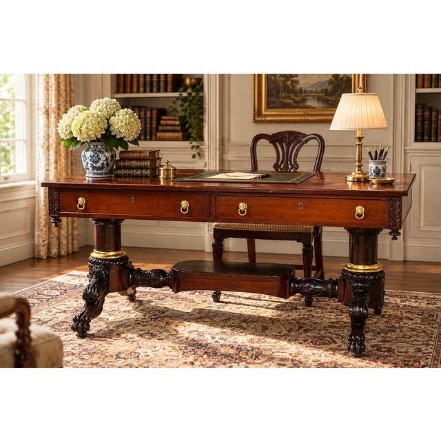 An impressive American Classical Revival mahogany library table, dating to approximately 1890–1925 and bearing a label for...