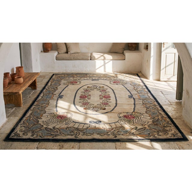 Ivory Amazing Ivory Ground Color Wiht Flower Details in the Center in a Medallion/Crest Design American Hooked Rug For Sale - Image 8 of 8